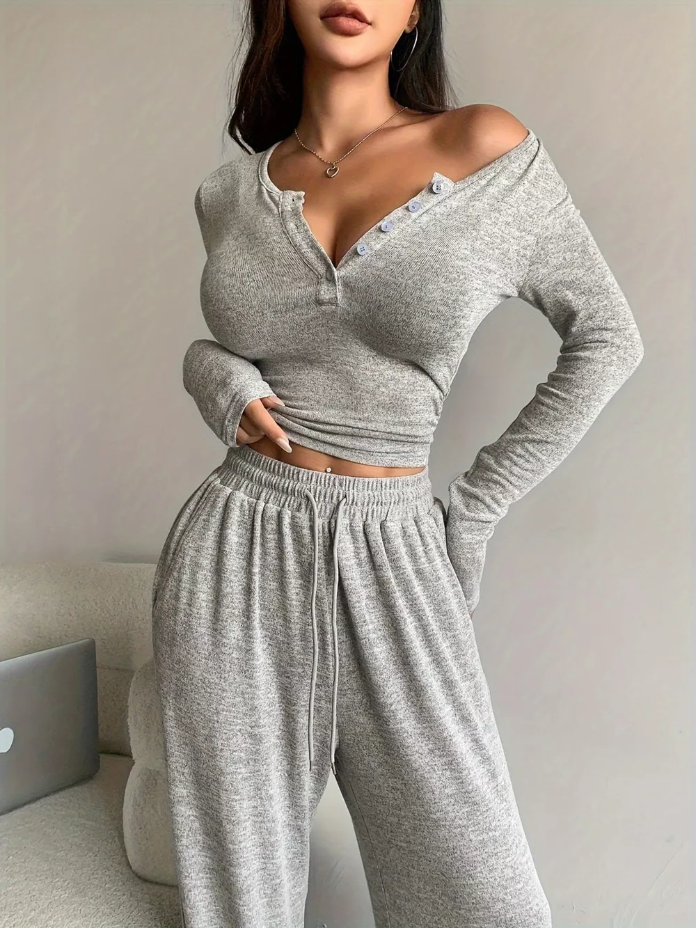 Button Detail Long Sleeve Top and Wide-Leg Pants Set, image 10