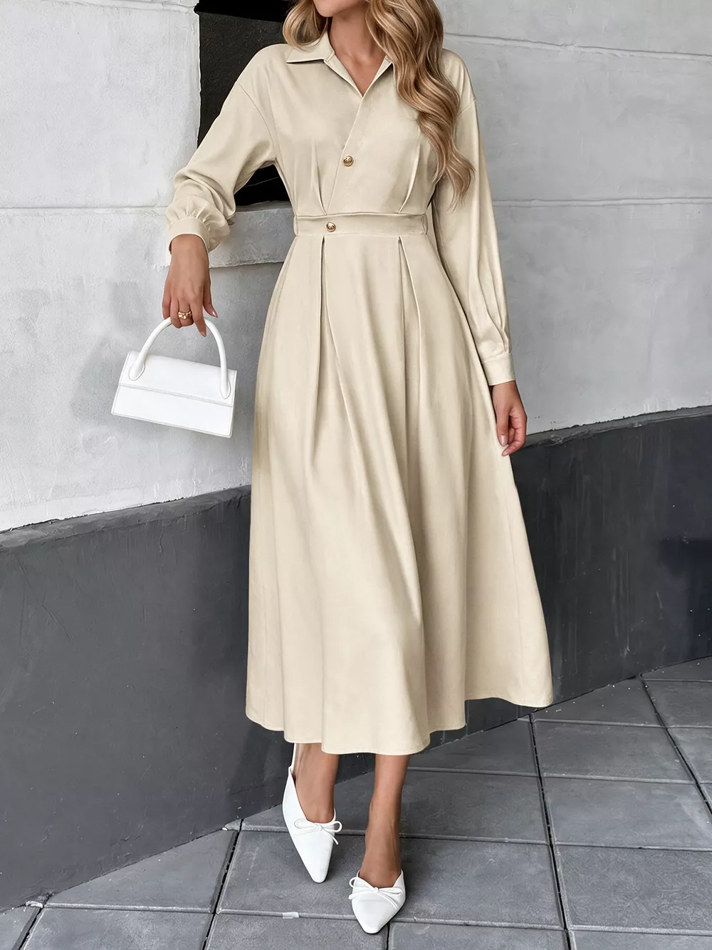 Pleated Button Detail Long Sleeve Shirt Dress, image 2