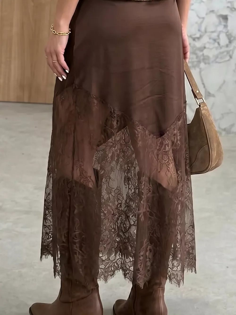 Lace Patchwork Hem Long Casual Shift Skirt, image 2