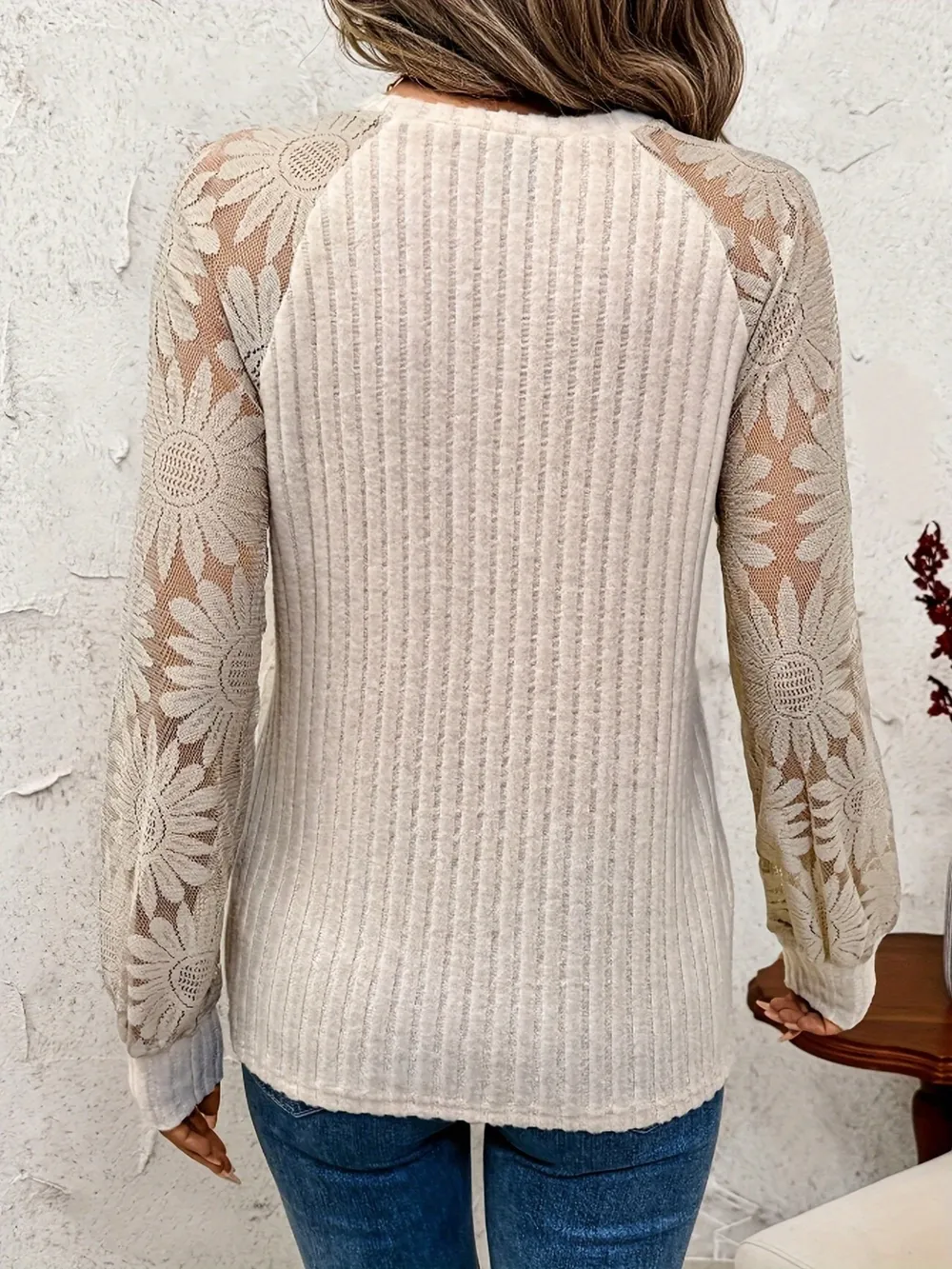 Ribbed Sheer Lace Sleeve Top, image 2