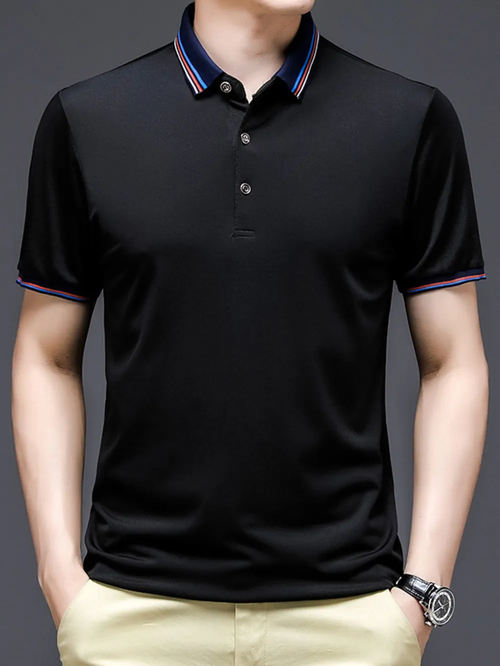 Men's Plus Size Contrast Striped Collar Short Sleeve Polo