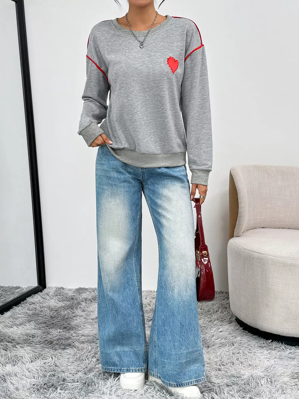 Heart Embroidered Round Neck Sweatshirt, image 2
