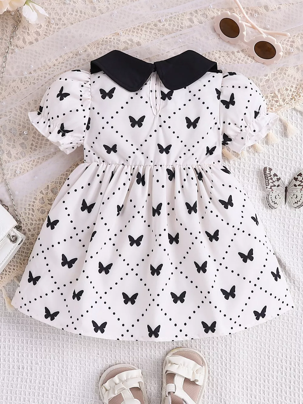 Children's Butterfly Print Lace Trim Peter Pan Collar Dress, image 8