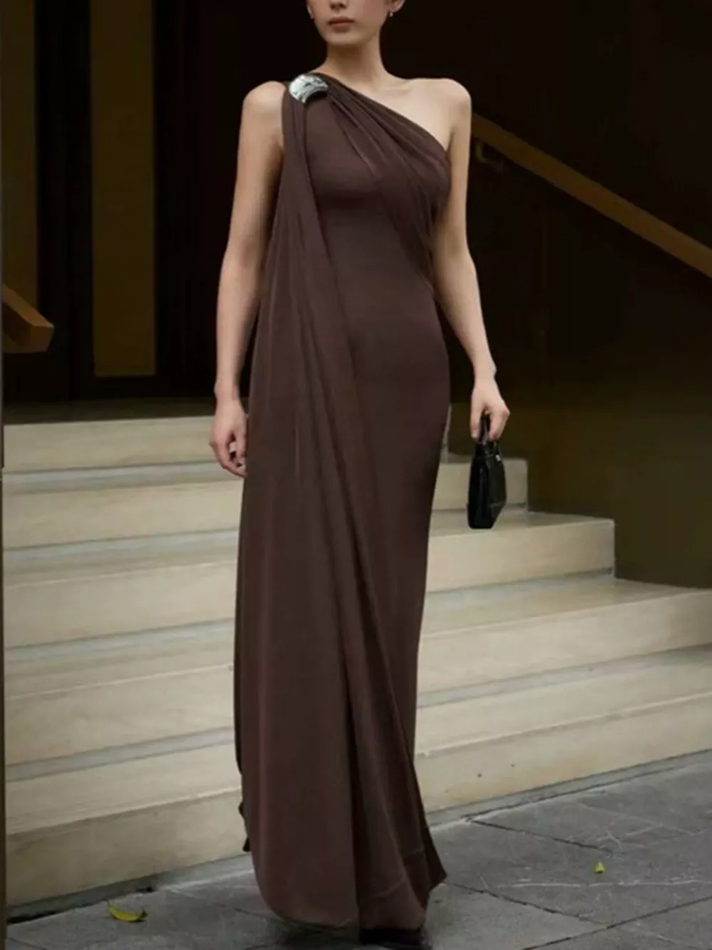 One-Shoulder Draped Maxi Dress, image 2