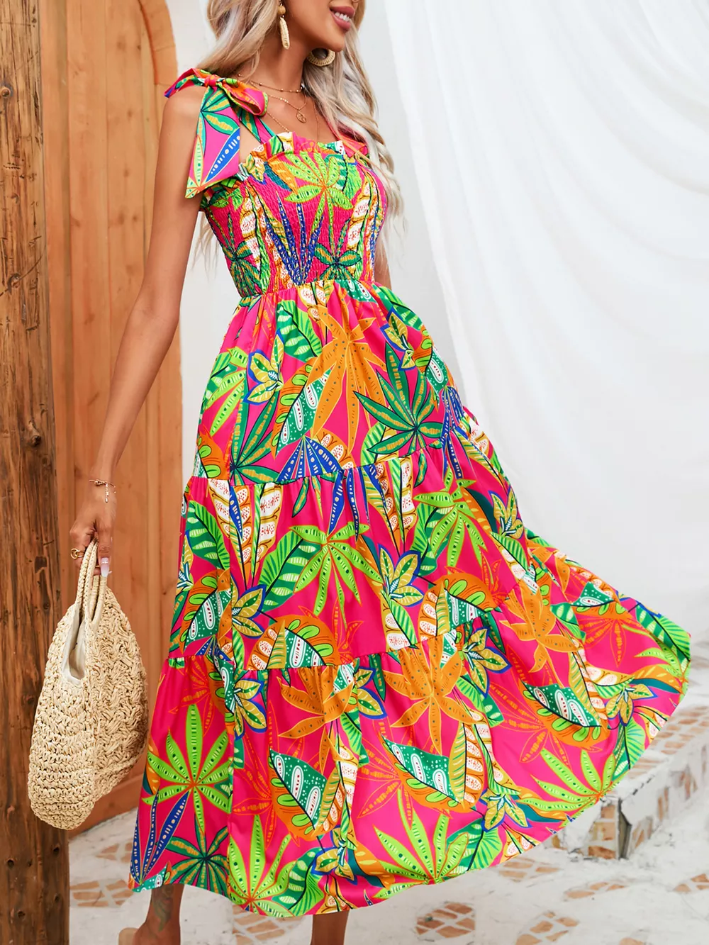 Tropical Print Smocked Tie-Strap Dress, image 6