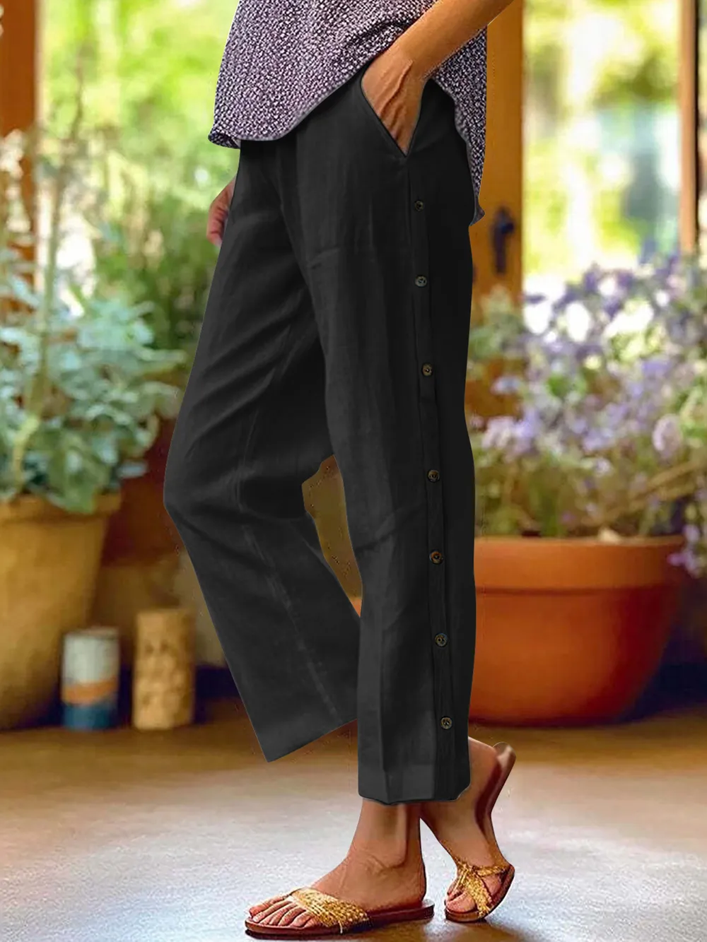 Full Size Side Decor Button Casual Wide Leg Pants Plus Size, image 2