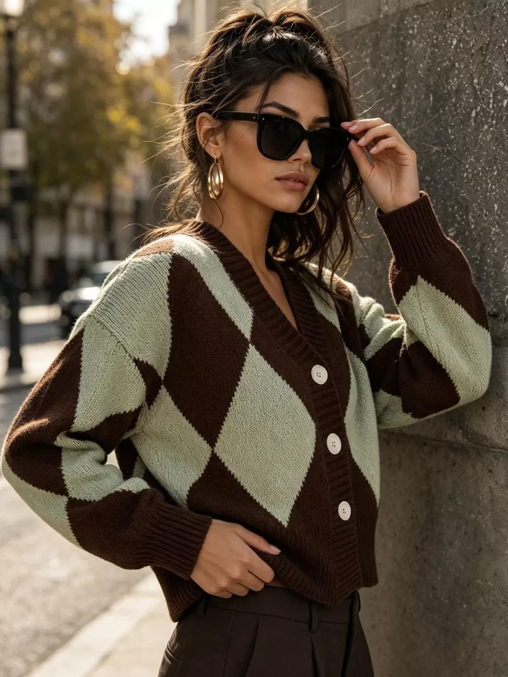 Argyle Pattern V-Neck Button-Down Cardigan, image 8