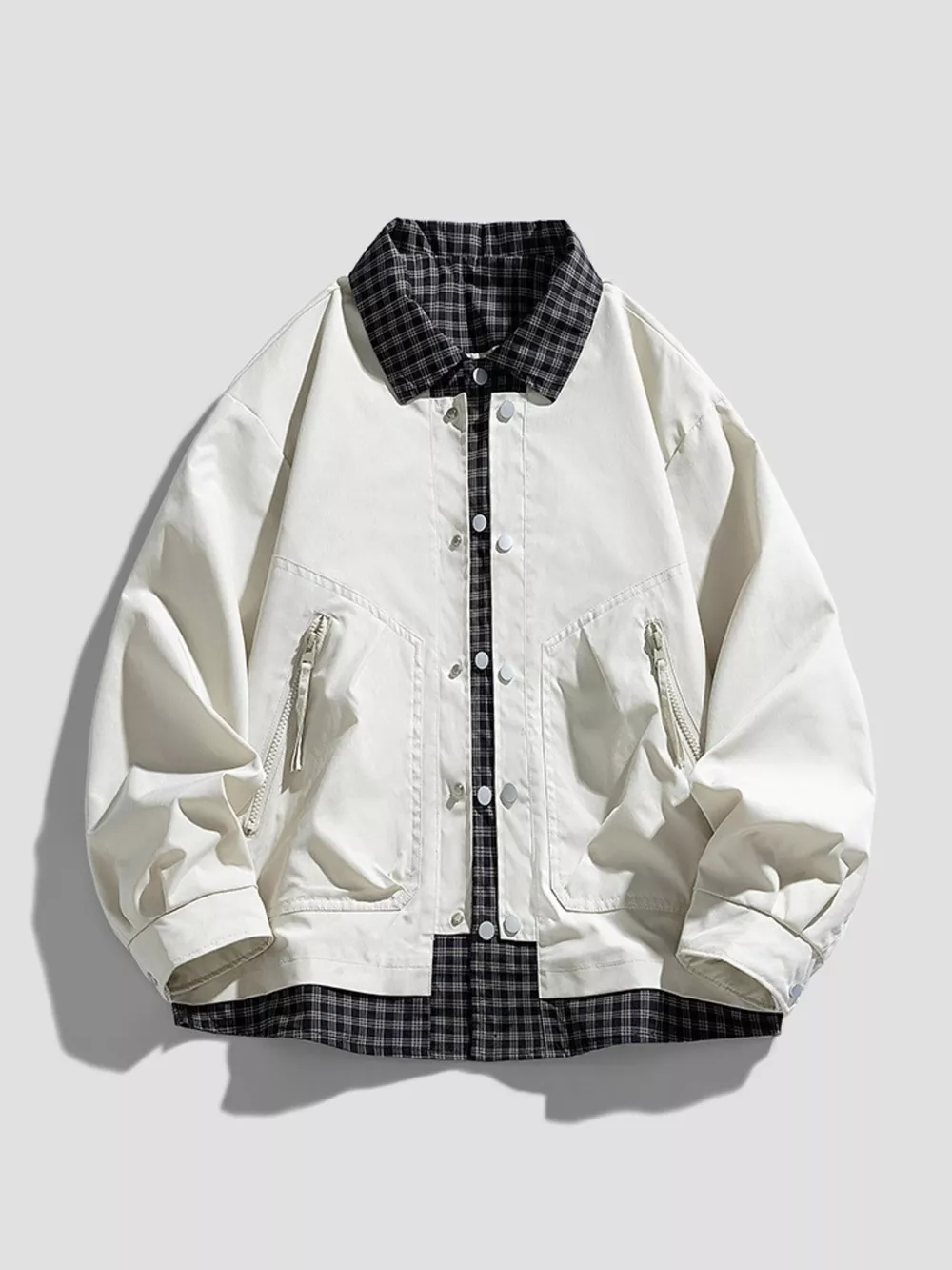 Men's Plus Size Plaid Trim Snap Down Casual Jacket