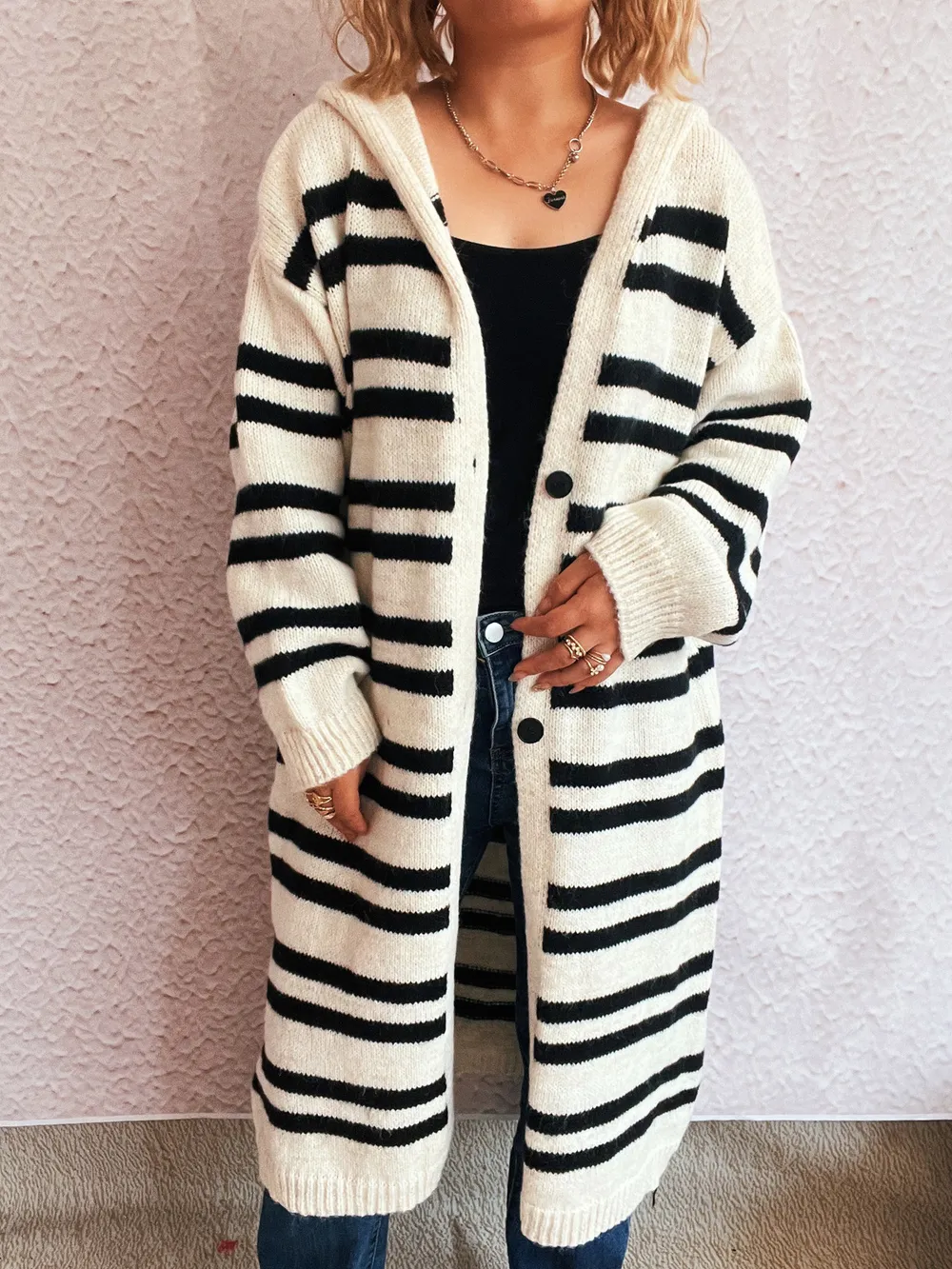 Striped Open Front Hooded Cardigan, image 22
