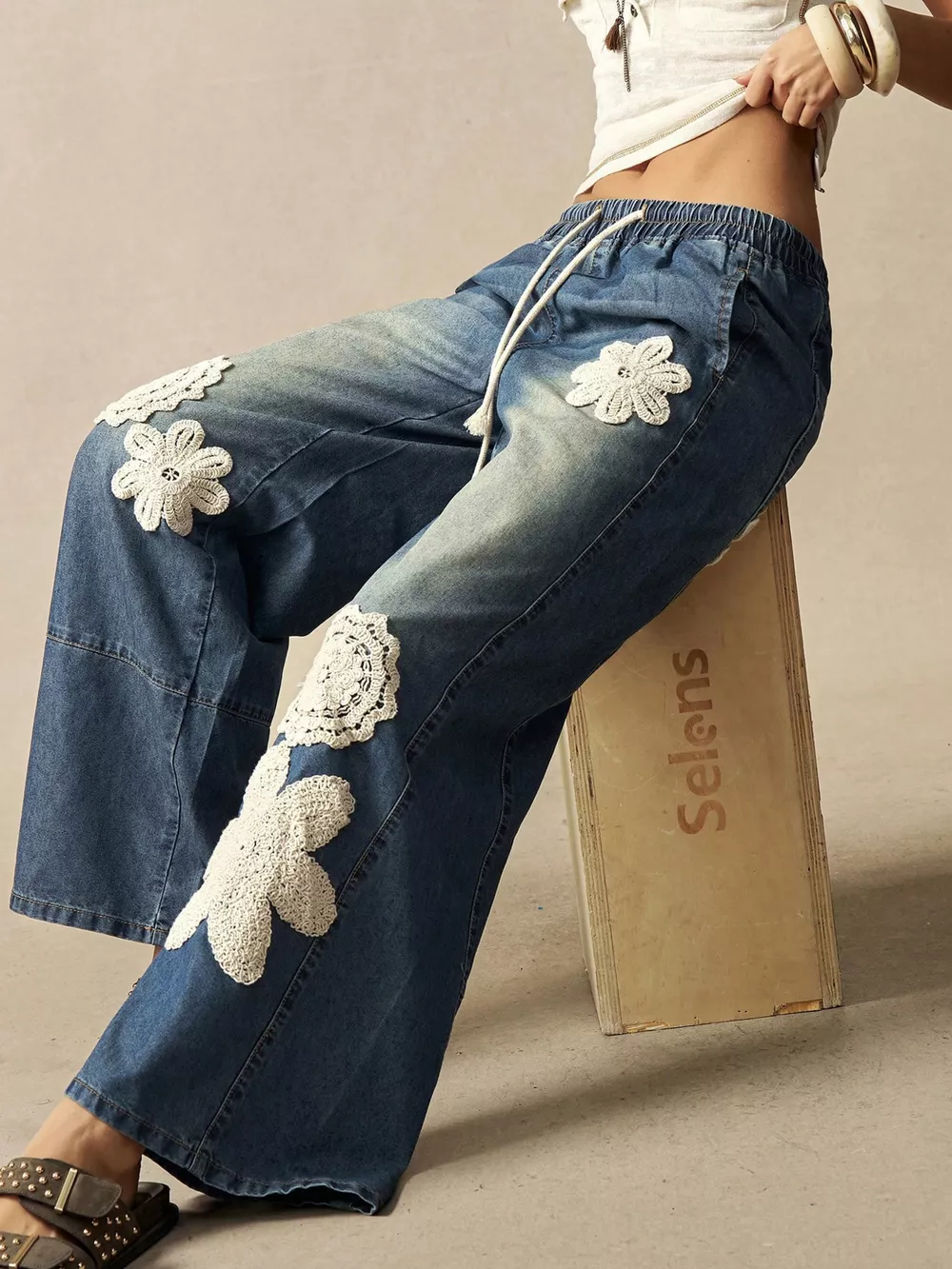 Wide-Leg Drawstring Jeans