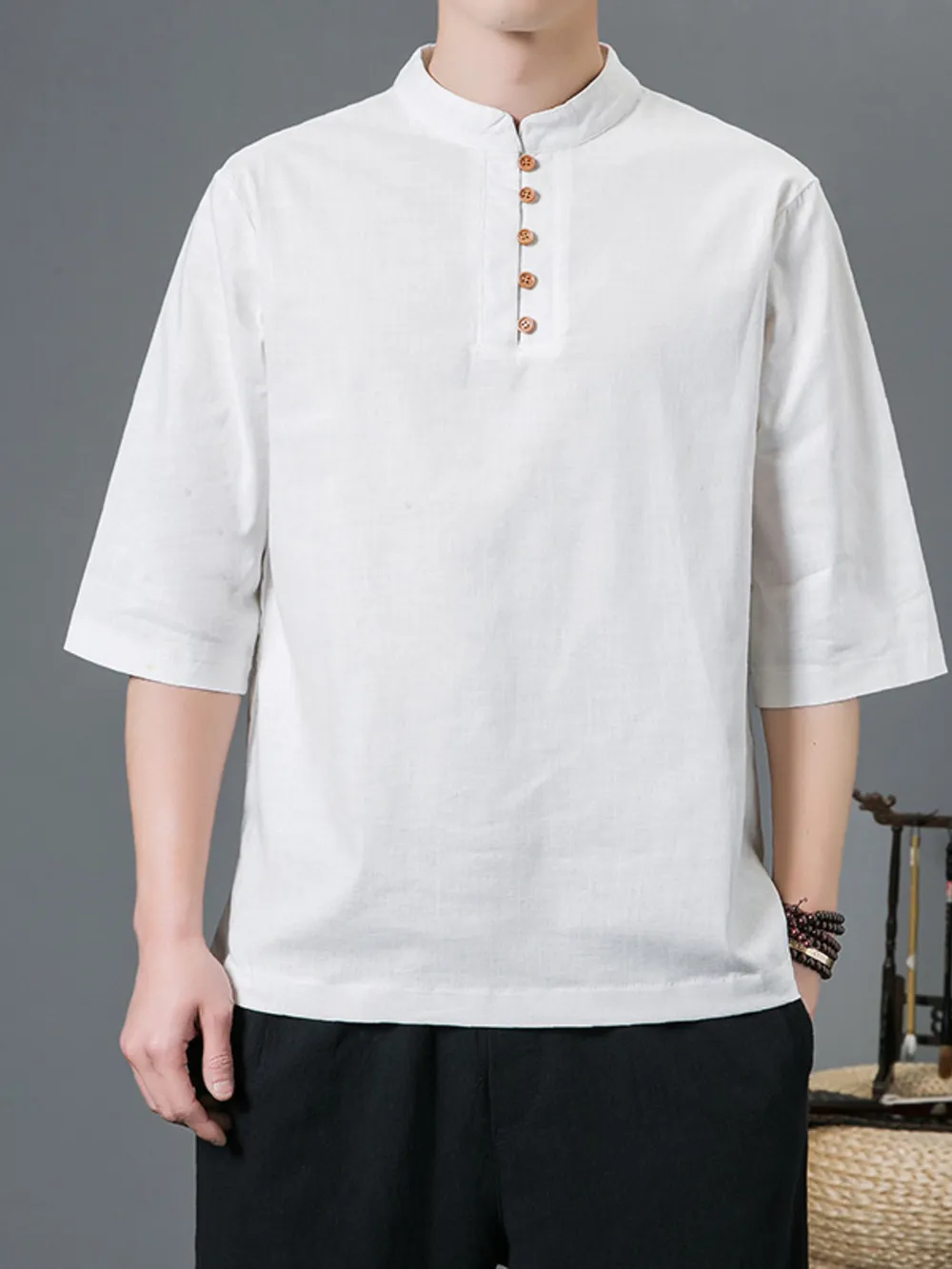 Men's Plus Size Chinese Style Button Detail Top, image 3