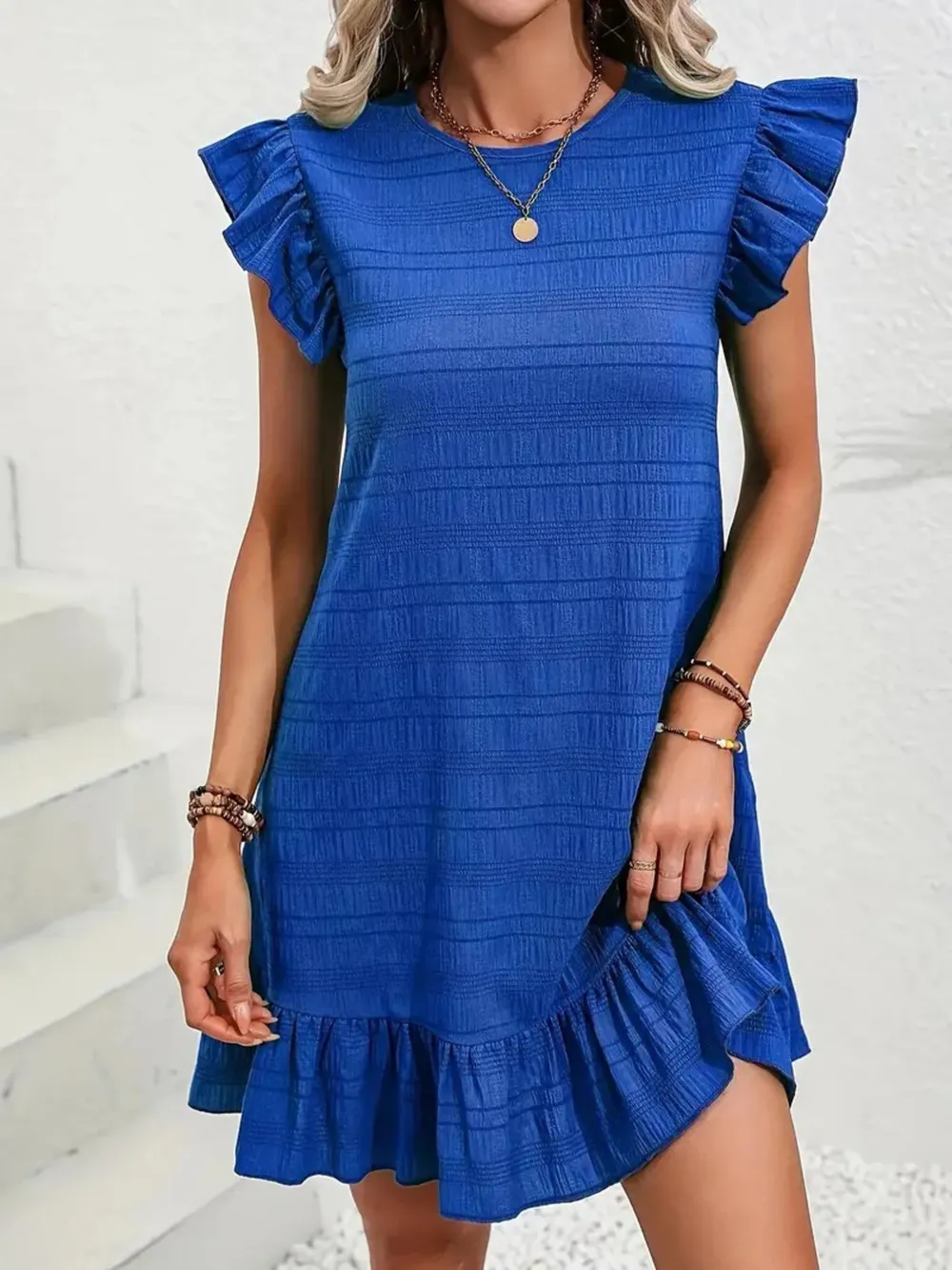 Full Size Ruffled Flutter Sleeve Textured Mini Dress Plus Size, image 3