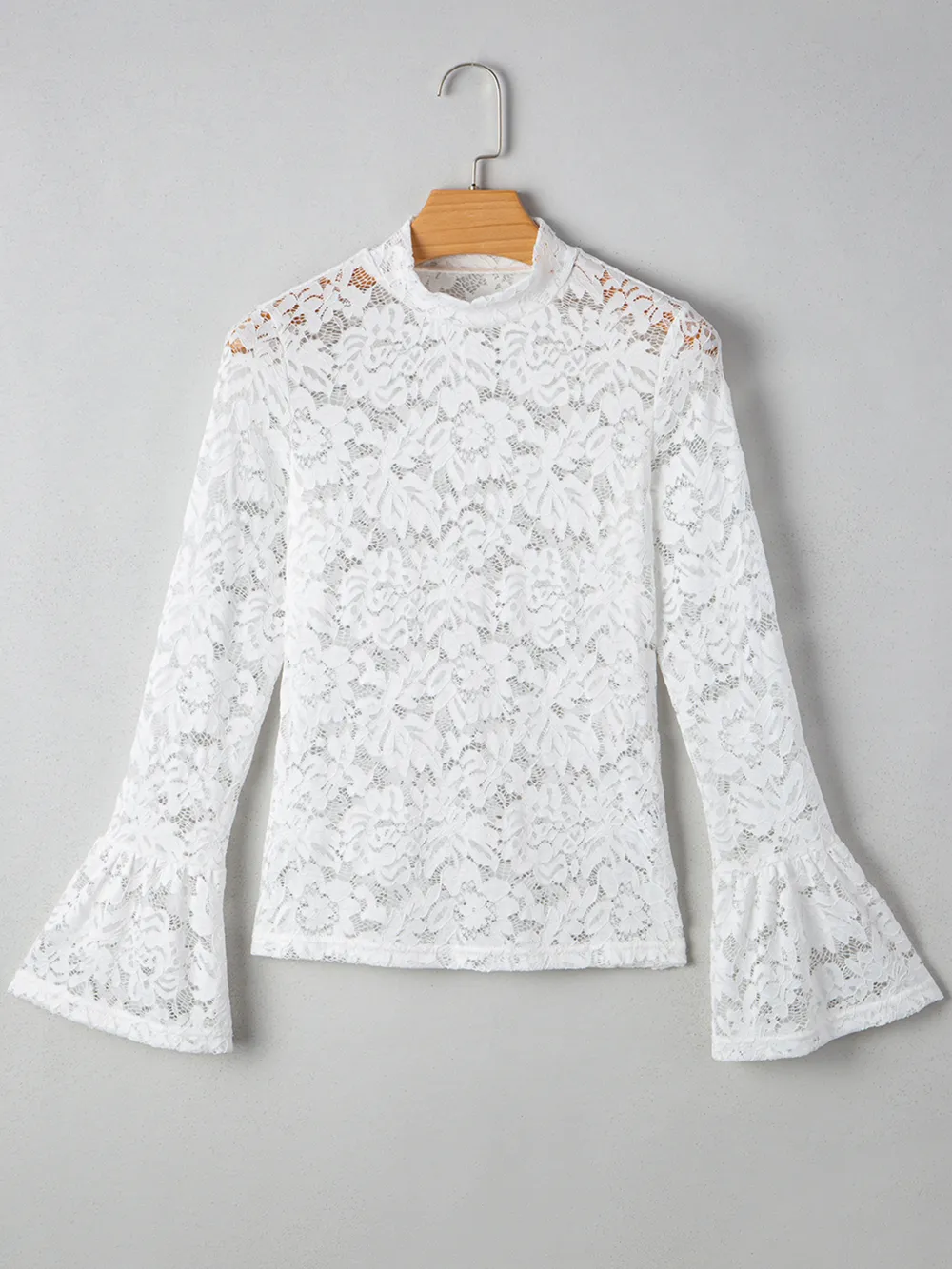 Lace Crochet Bell Sleeve Mock Neck Blouse, image 3