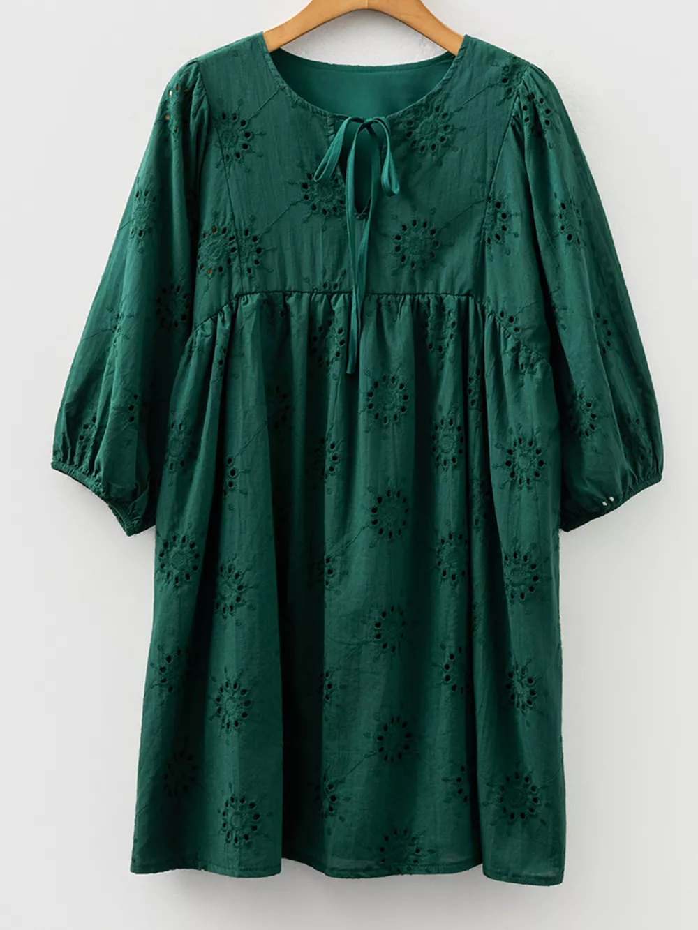 Embroidered Eyelet Pattern 3/4 Puffy Sleeve Swing Mini Dress, image 6