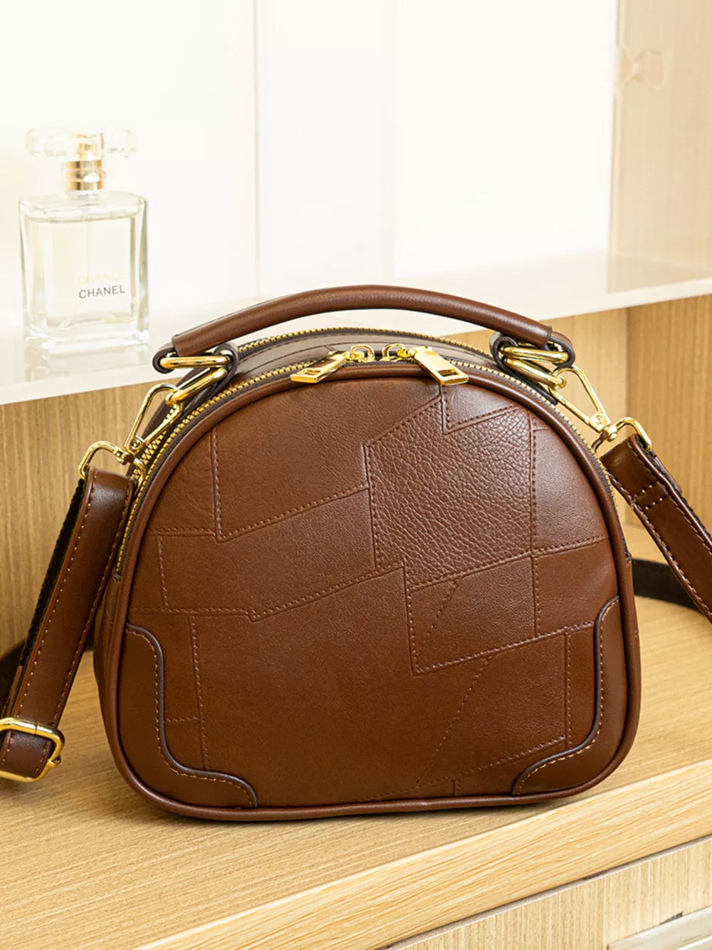 Patchwork Leather Crossbody Bag with Top Handle, image 4