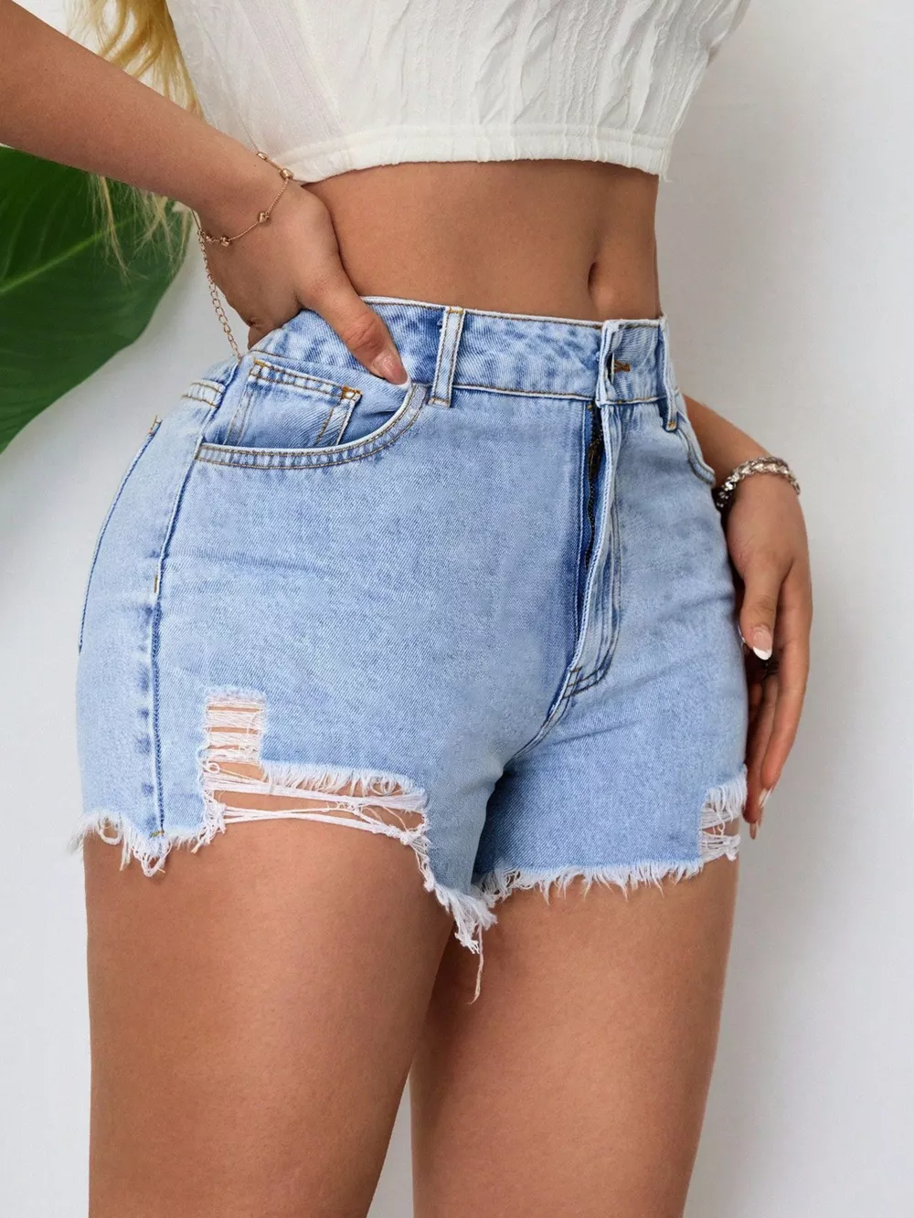 Distressed Raw Hem Denim Shorts, image 3