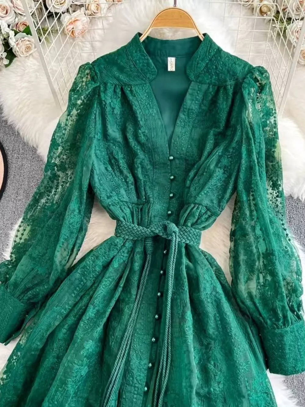 Lace Tie Waist Long Sleeve Dress, image 4