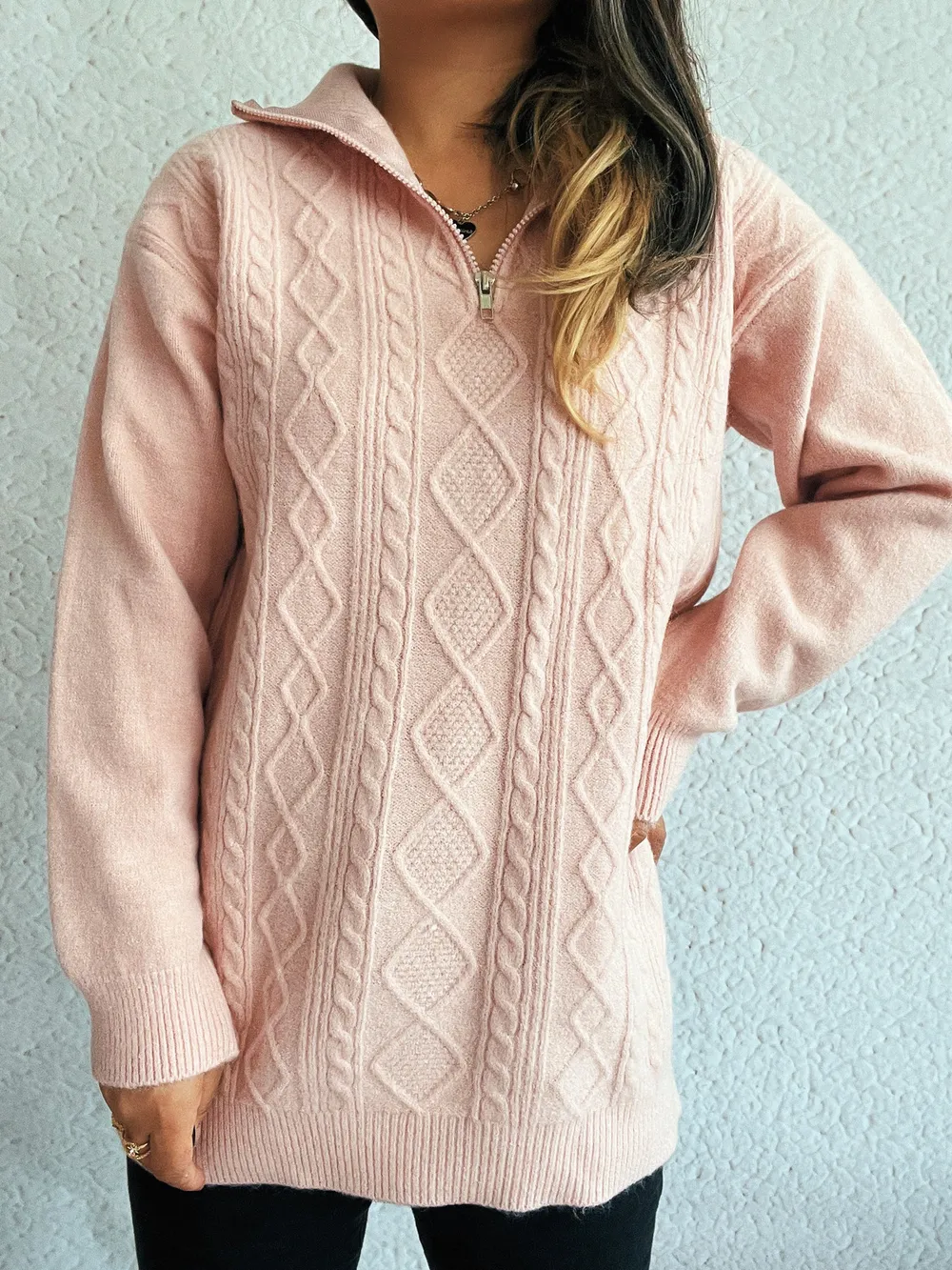 Texture Zip Collar Long Sleeve Sweater, image 13