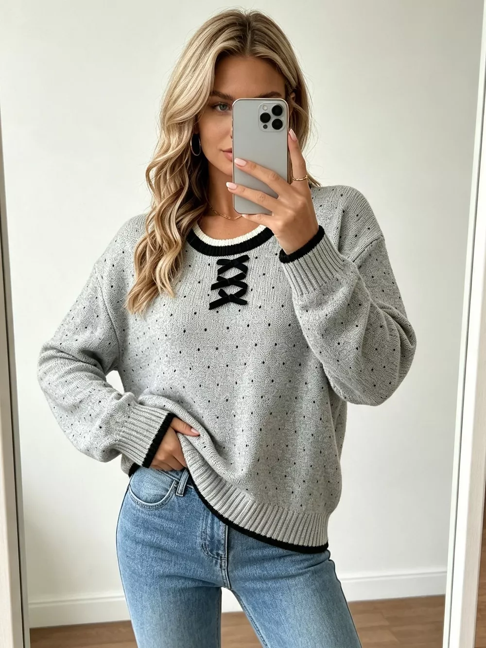 Polka Dot Lace-Up Detail Sweater, image 7