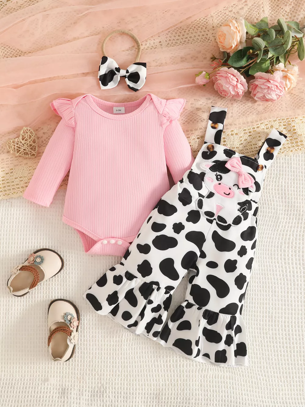 Children's Cow Print Ruffle Jumpsuit and Bodysuit Set with Headband