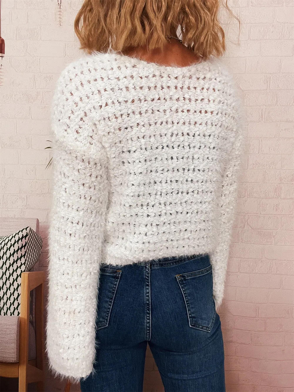 Crochet Round Neck Dropped Shoulder Sweater, image 23