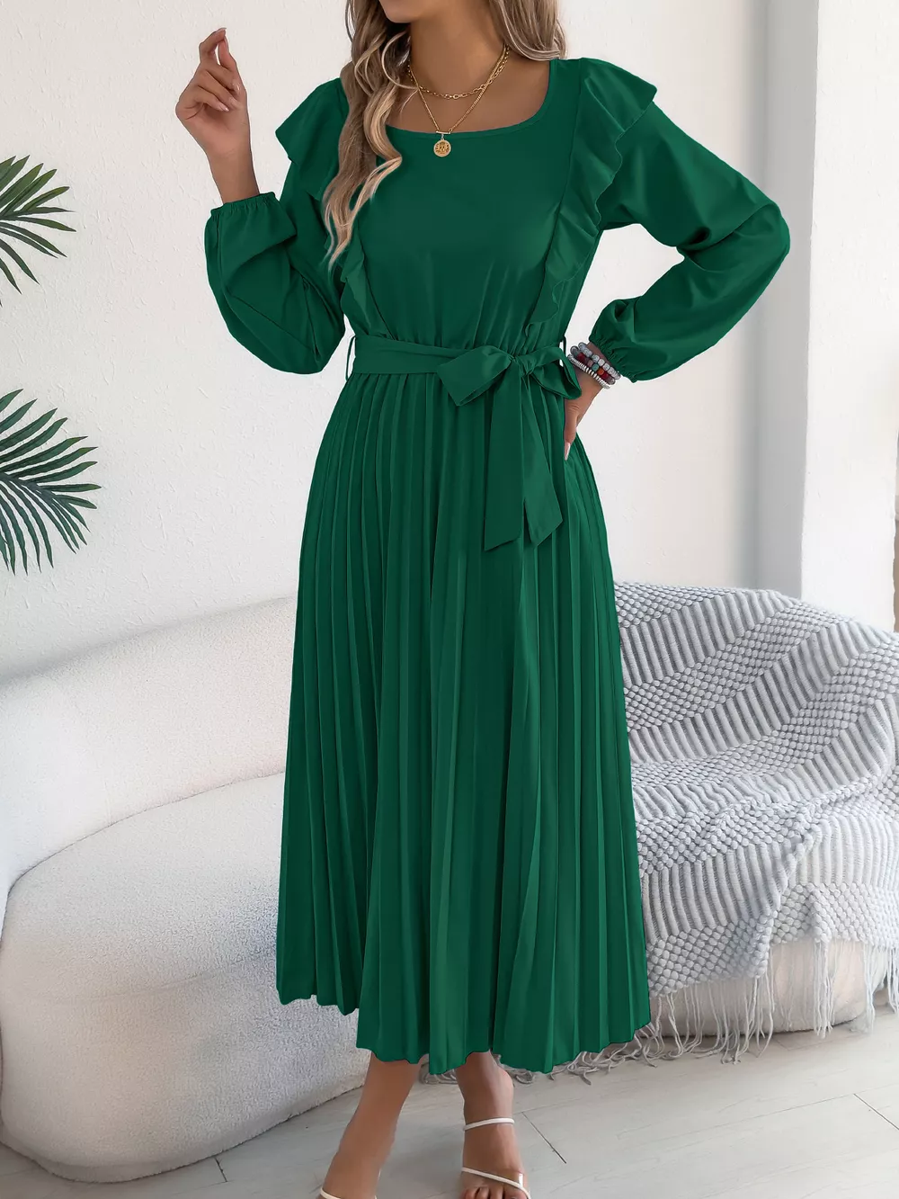 Ruffled Pleated Midi Dress with Waist Tie, image 10