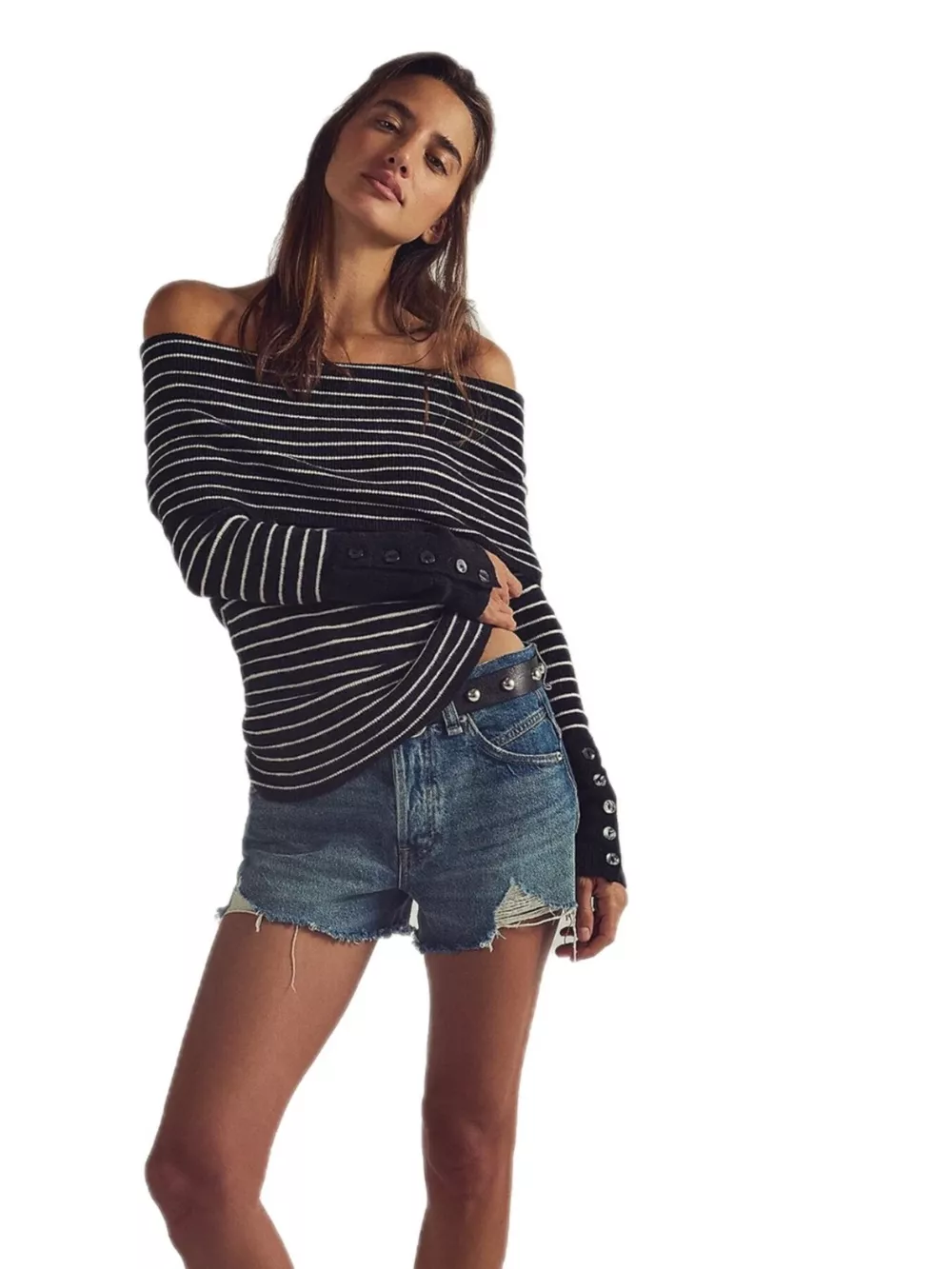 Striped Off-Shoulder Long Sleeve Knit Top, image 4