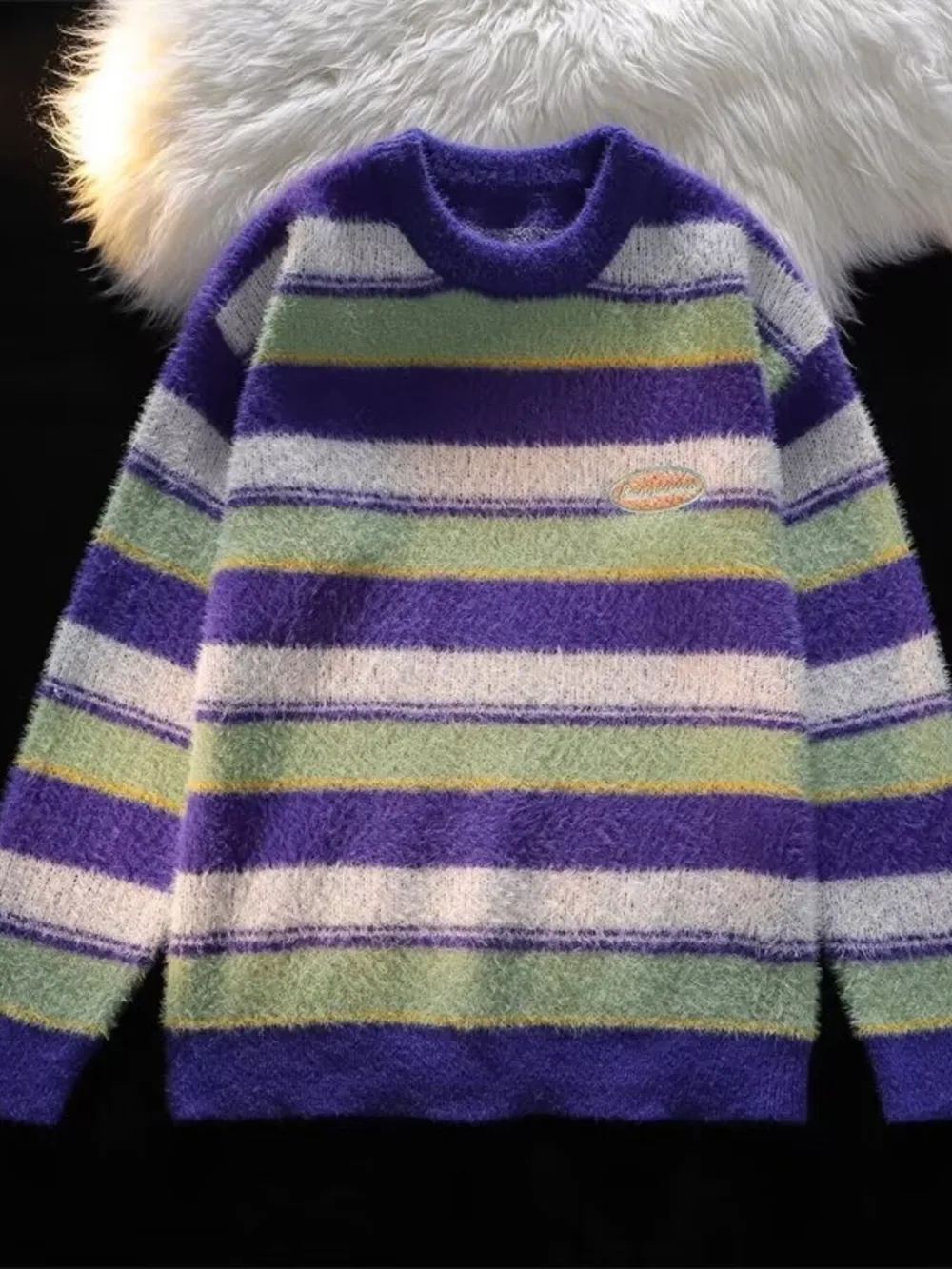 Men's Striped Fuzzy Knit Pullover Sweater, image 2