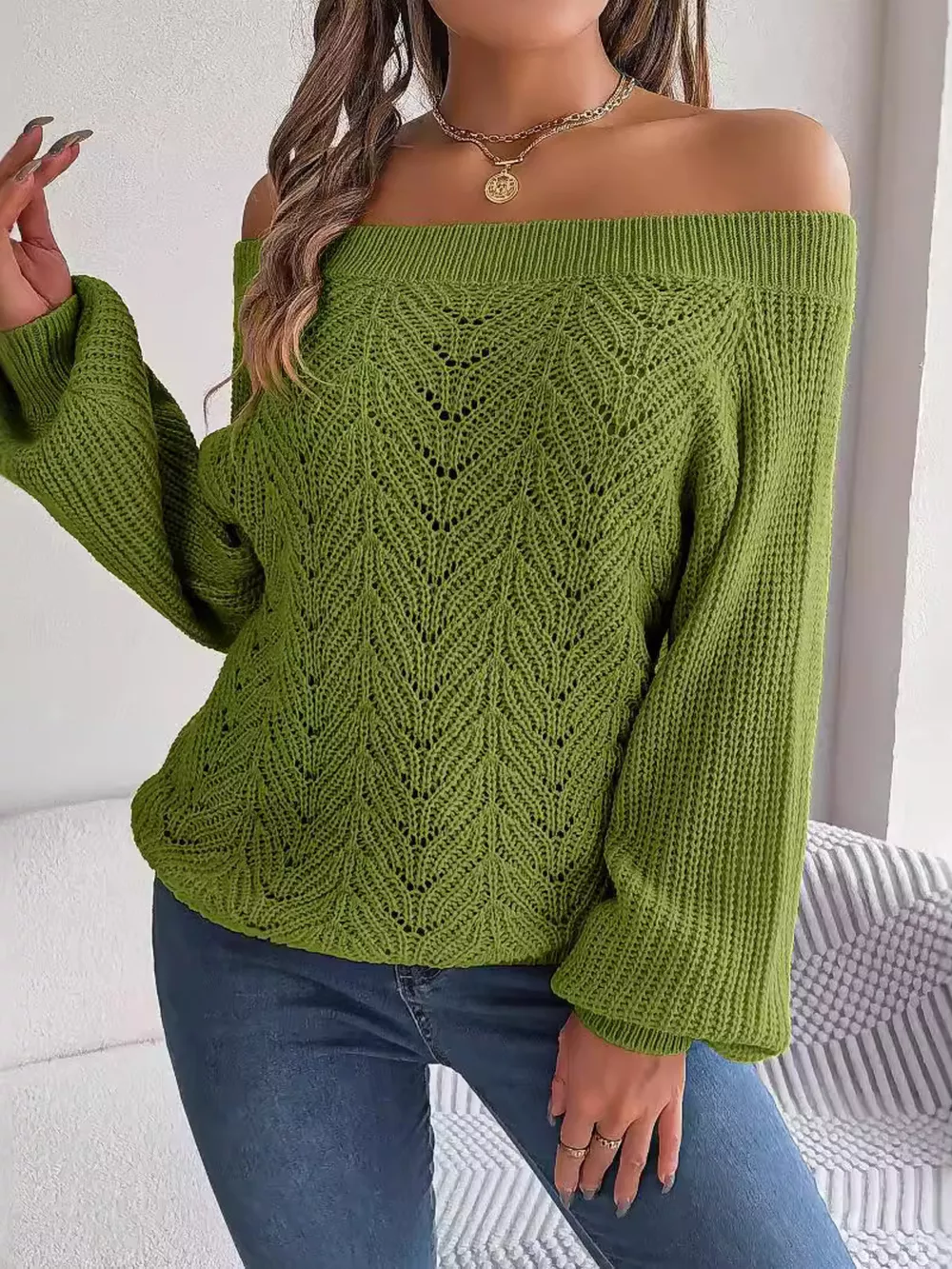 Openwork Off-Shoulder Sweater, image 3