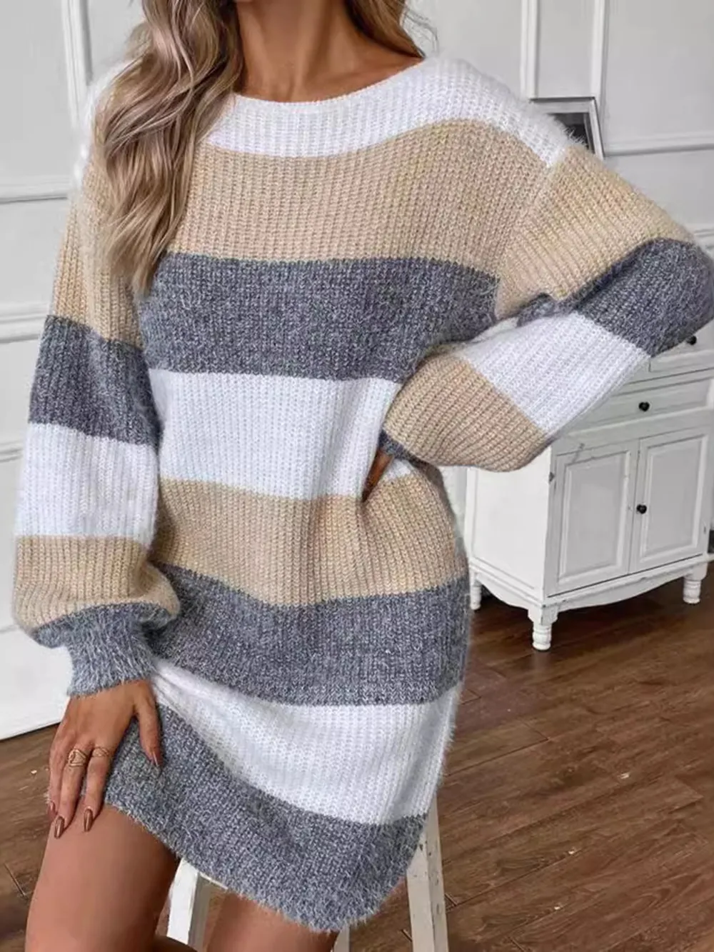 Color Block Long Sleeve Sweater Dress