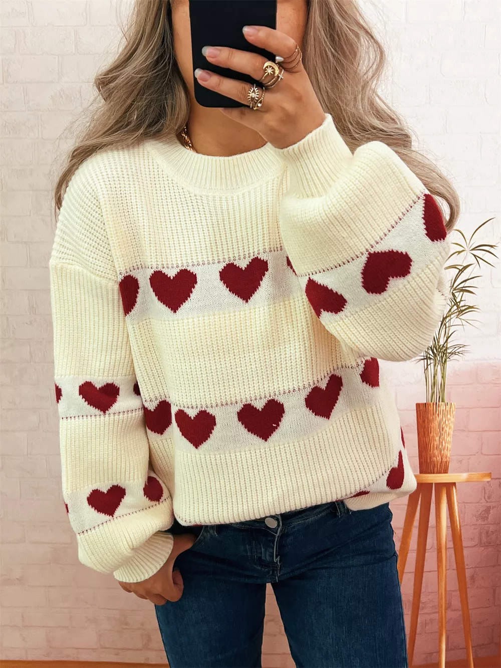 Heart Pattern Dropped Shoulder Sweater, image 4