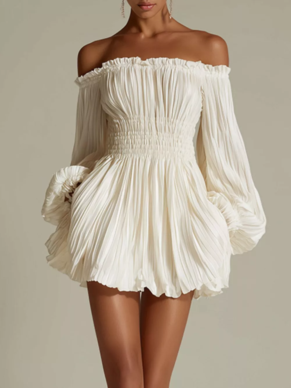 Off-Shoulder Pleated Mini Dress, image 2