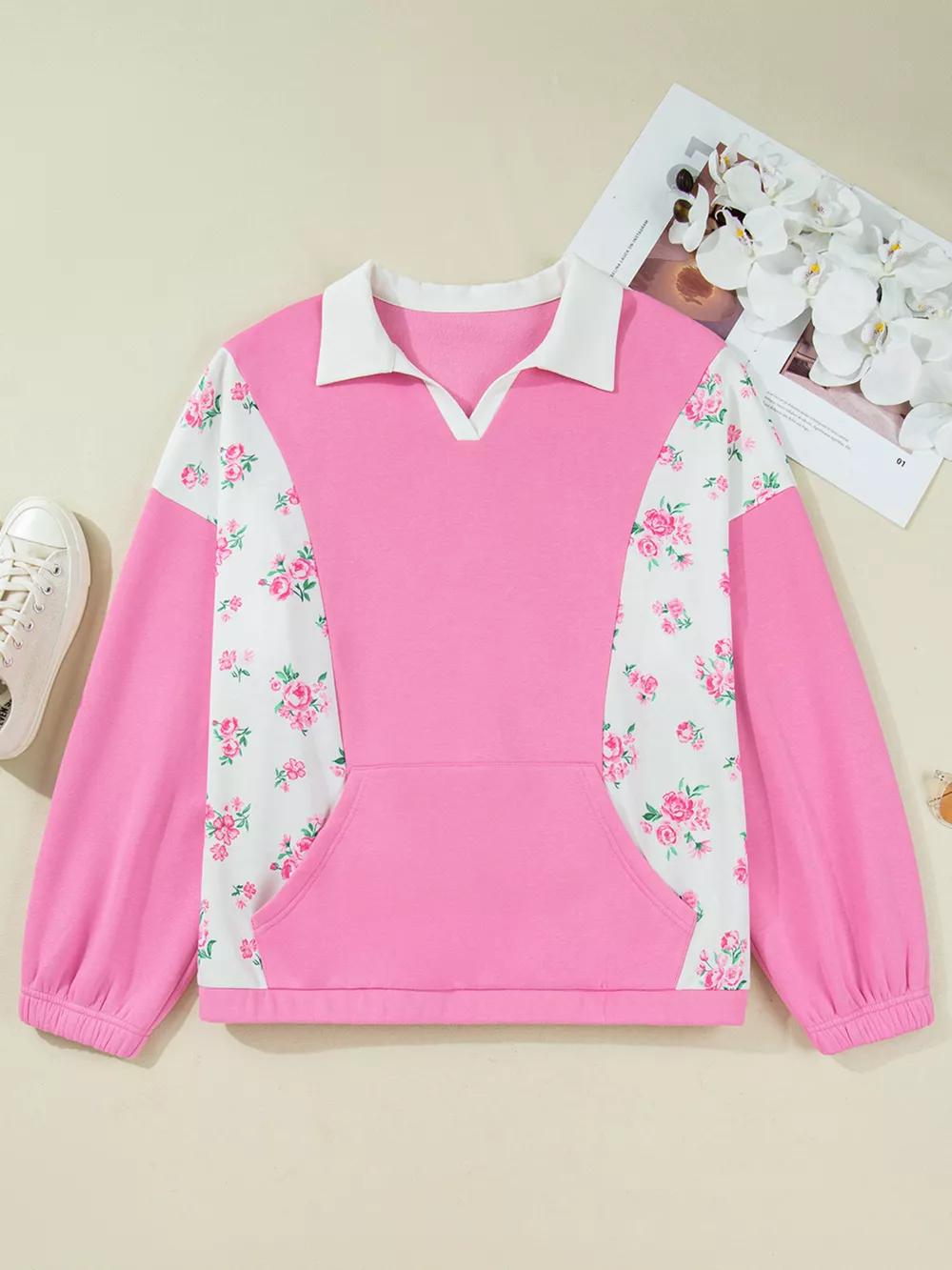 Plus Size Contrast Polo Collar Floral Patchwork Elastic Cuffs Long Sleeve Top, image 2