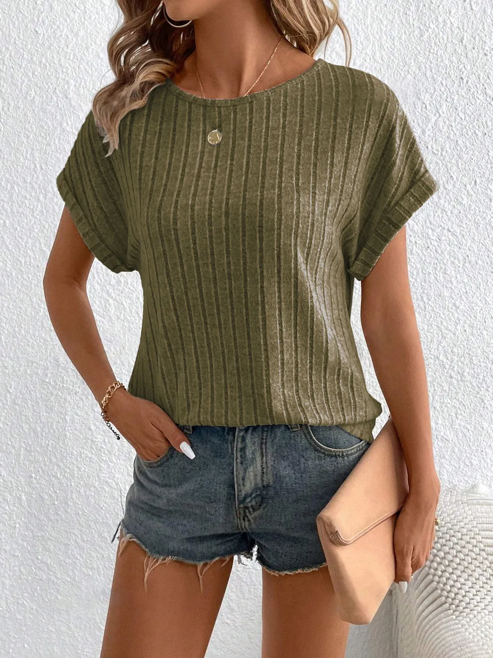 Plus Size Ribbed Texture Short Sleeve T-Shirt, image 2