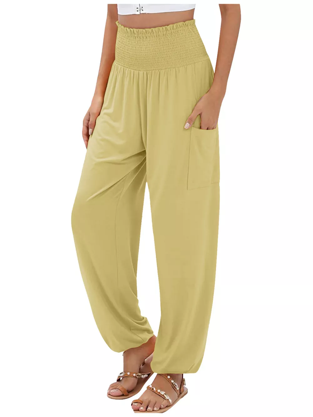 Full Size Smocked Waist Harem Pants with Pockets Plus Size, image 4
