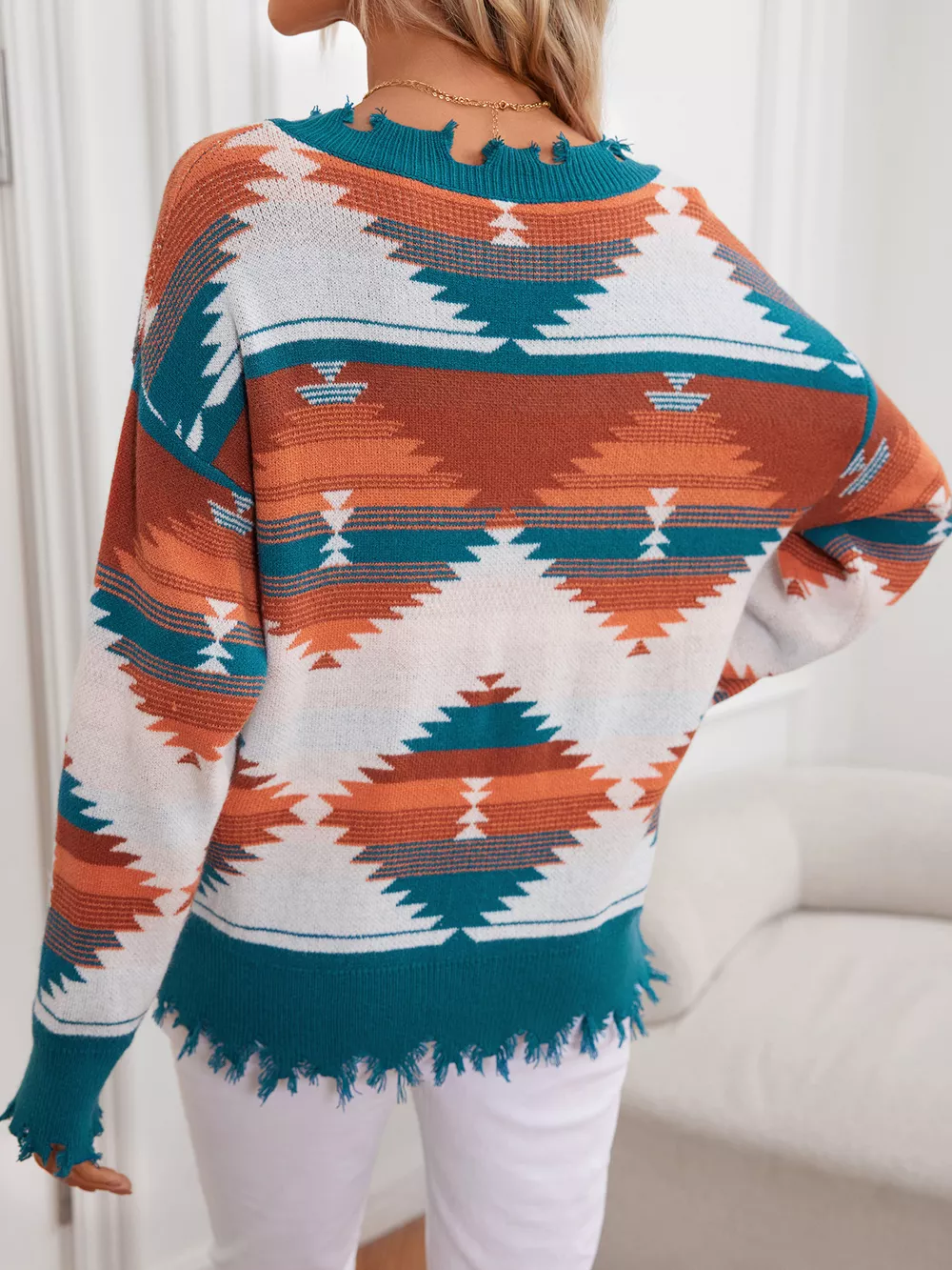 Geometric Frayed Hem V-Neck Long Sleeve Sweater, image 22