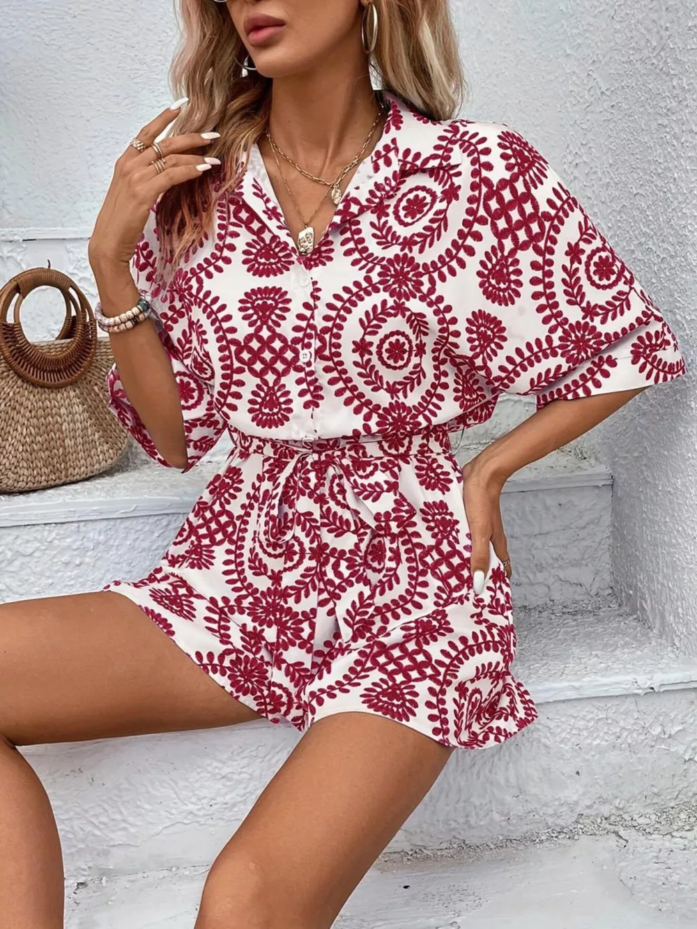 Printed Tie Waist Button Front Romper, image 13