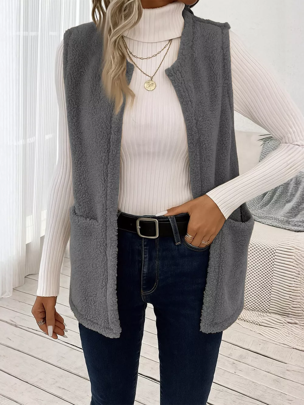 Sleeveless Fuzzy Fleece Vest Coat, image 5