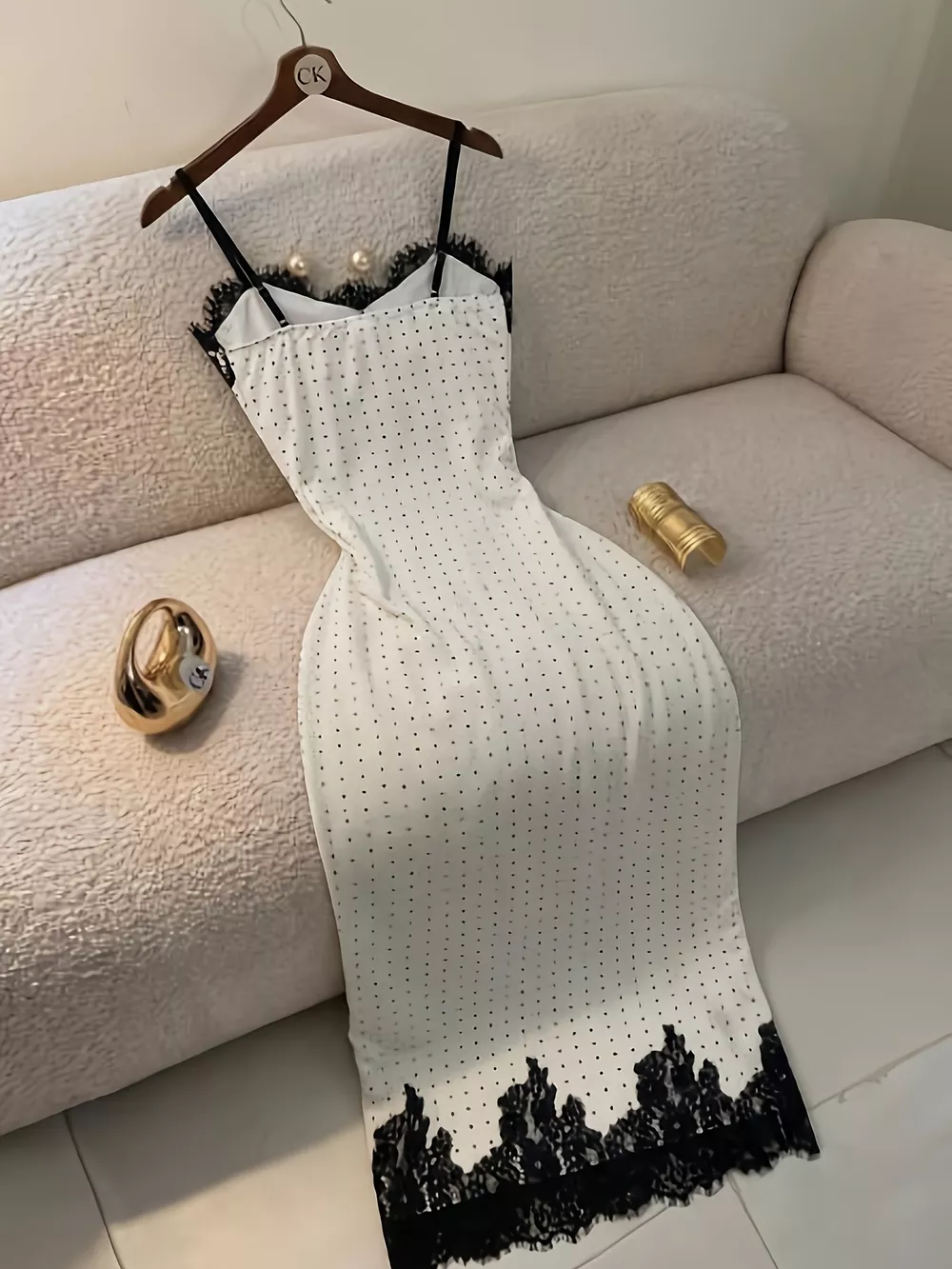 Polka Dot Lace Trim Spaghetti Strap Maxi Dress, image 4