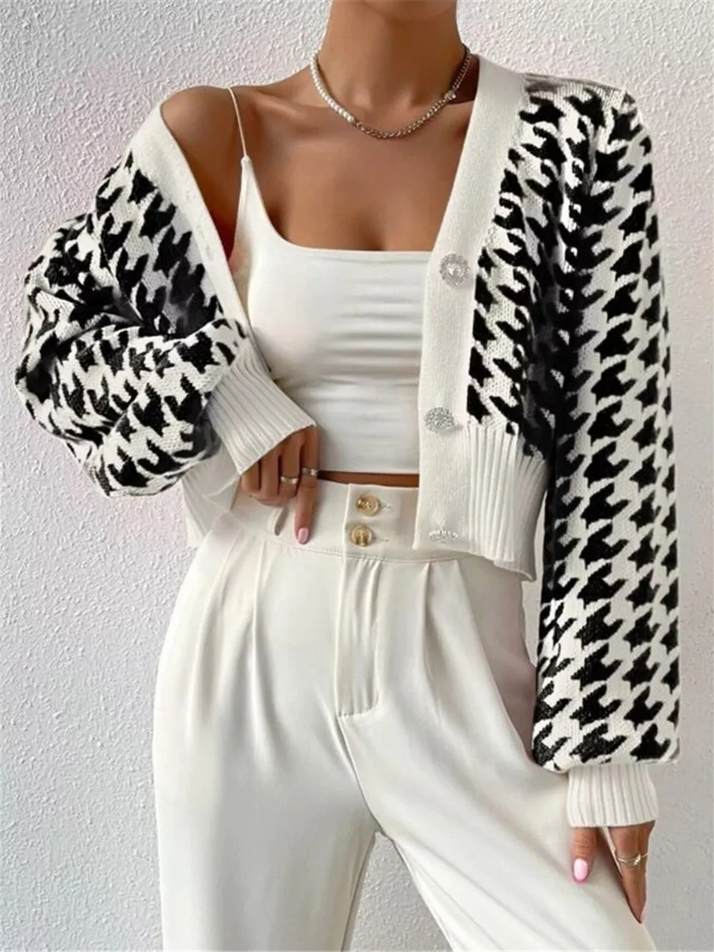 Houndstooth V-Neck Button Up Cardigan, image 2