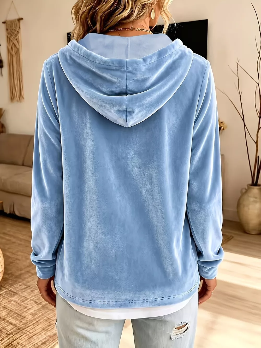 Full Size Drawstring Velvet Long Sleeve Hoodie Plus Size, image 6
