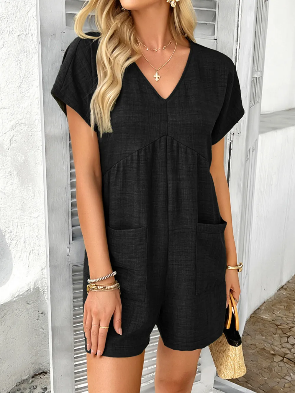 V-Neck Casual Short Sleeve Romper with Pockets, image 13