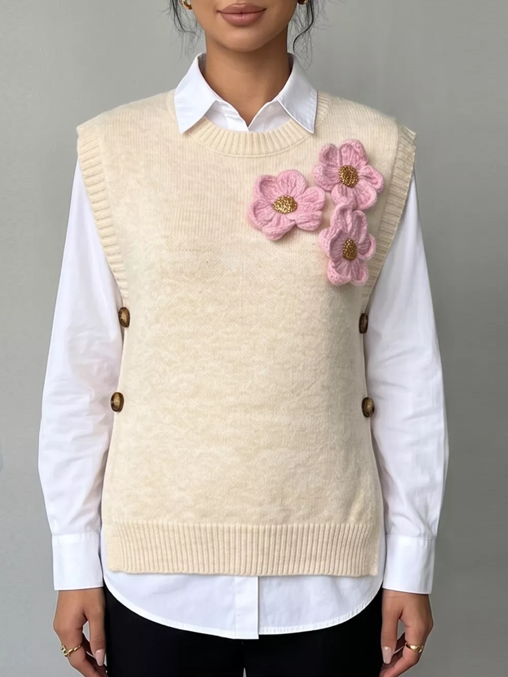 Side Button Sweater Vest with 3D Floral Appliques, image 6