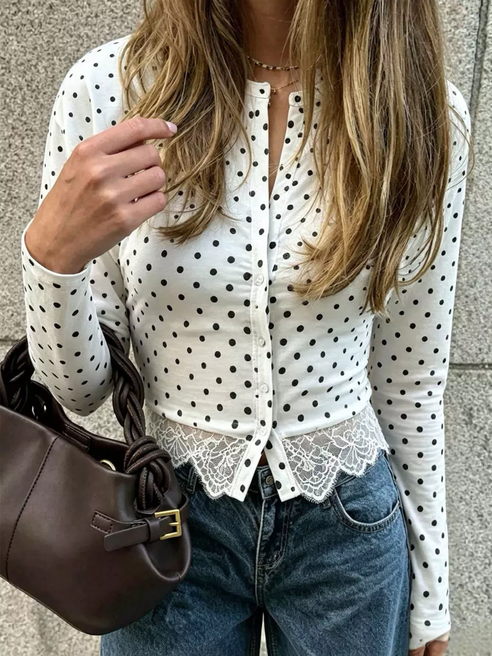 Polka Dot Long Sleeve Top with Lace Trim, image 2