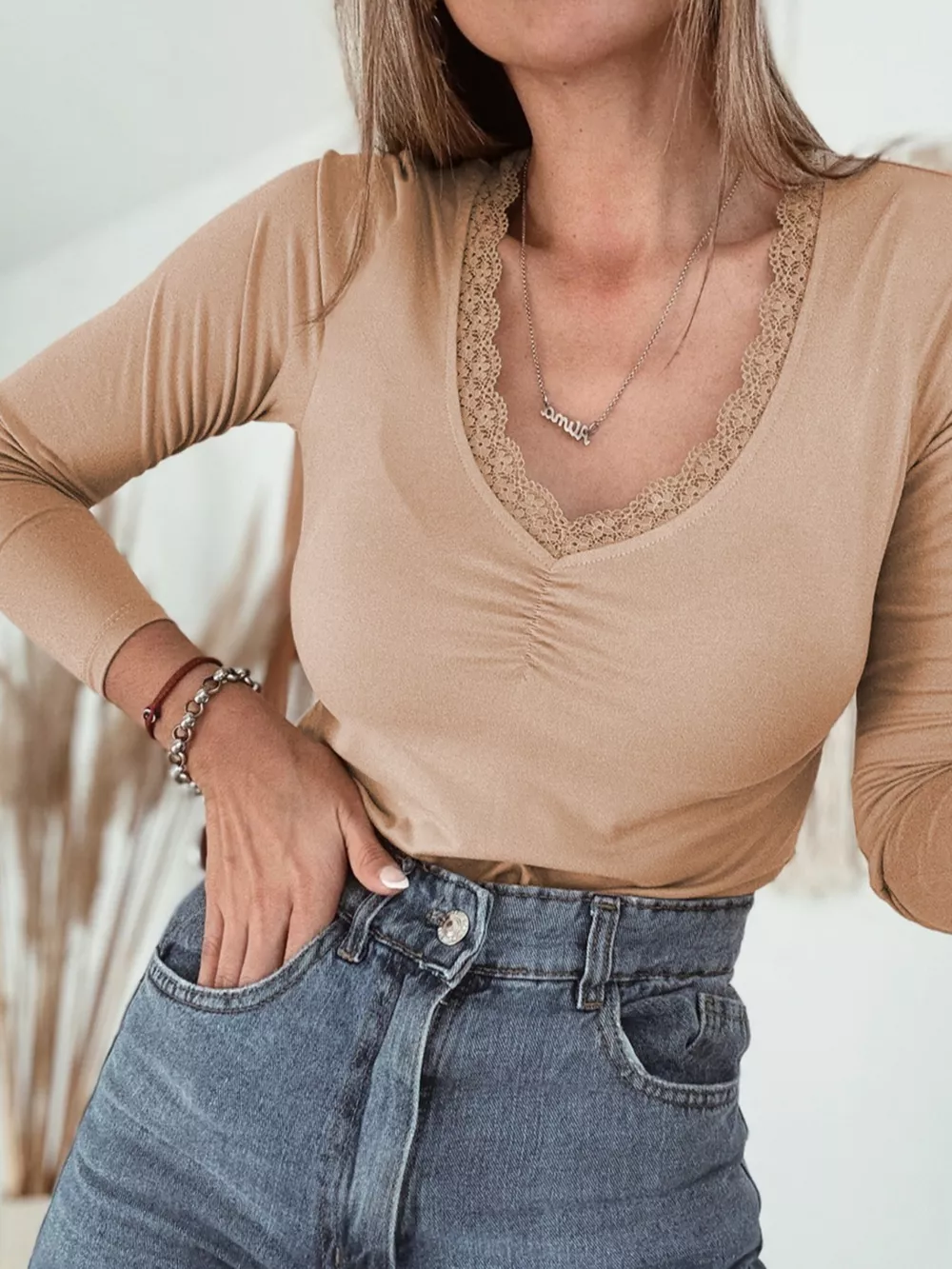 Lace-Trimmed Ruched Detail Long Sleeve T-Shirt, image 2