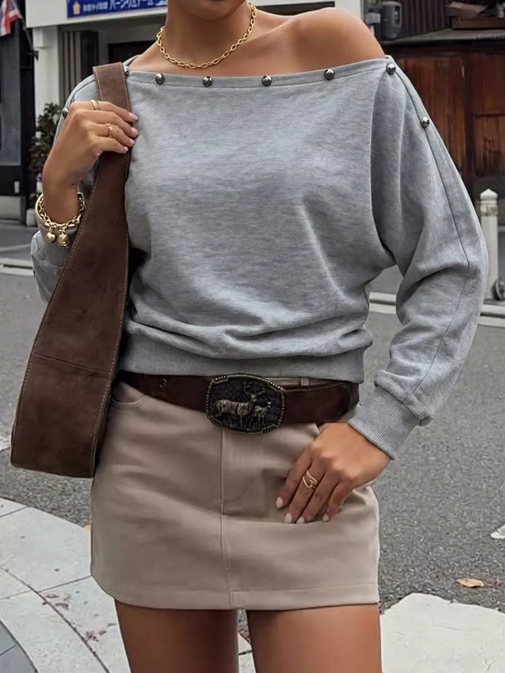 Studded Off Shoulder Long Sleeve T-Shirt, image 3