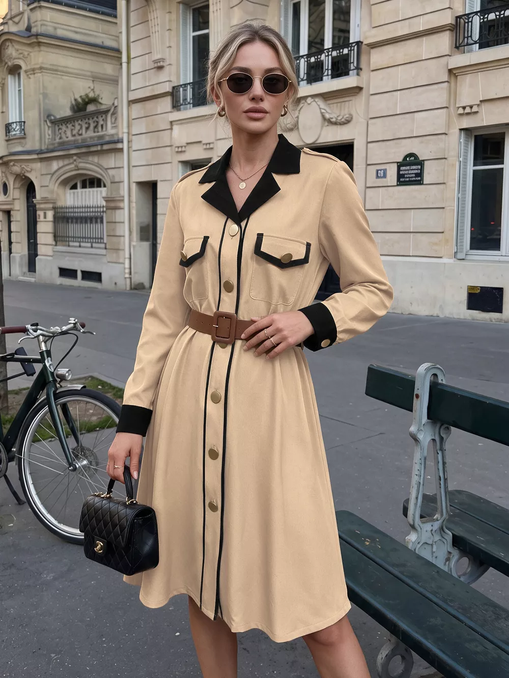 Contrast Lapel Button Front Midi Shirt Dress, image 4