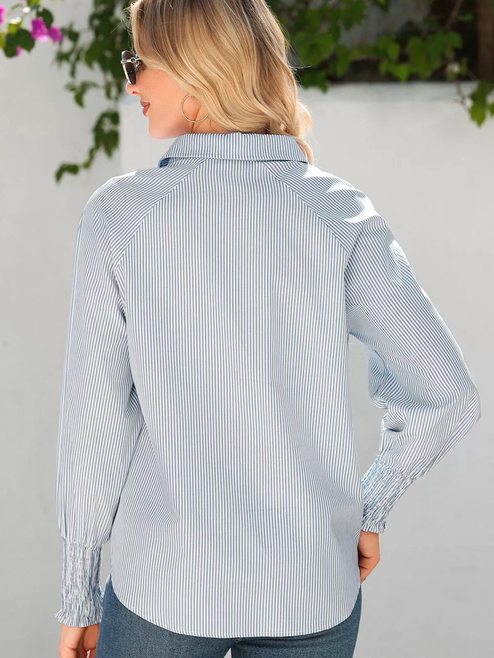 Pinstripe Long Sleeve Smocked Cuffs Button Shirt Collar Blouse, image 14