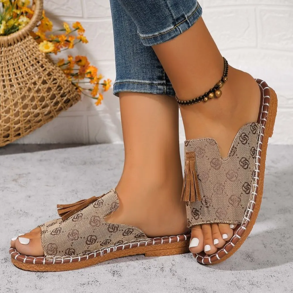 Leopard Print Tassel Flat Sandals, image 3