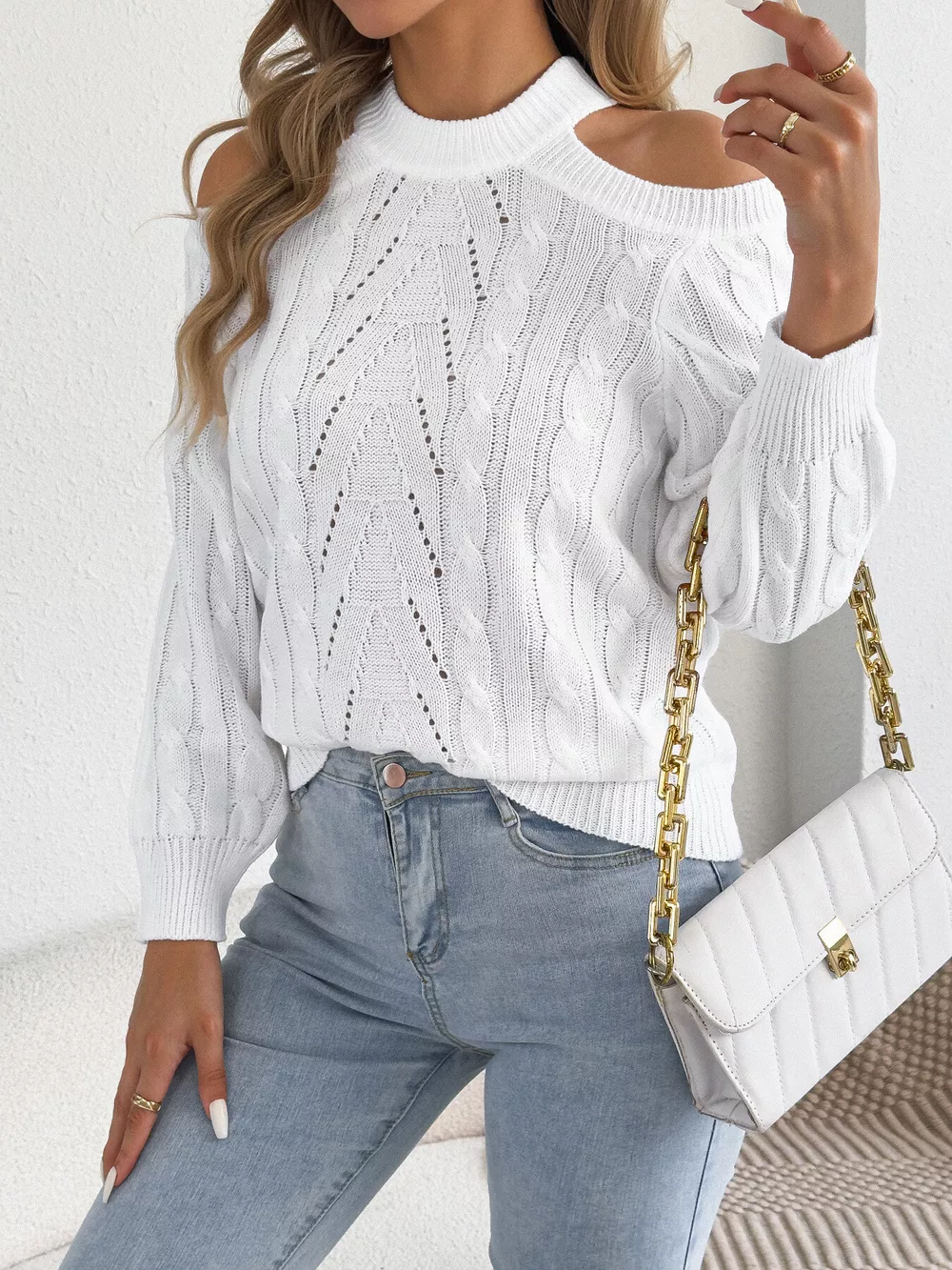 Cold Shoulder Cable Knit Sweater, image 11